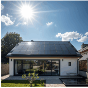 Modernes Einfamilienhaus mit einer vollflächigen, schwarzen Photovoltaikanlage auf dem Dach bei strahlendem Sonnenschein.