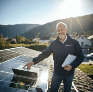 Energieberater Martin Jauch prüft eine Photovoltaikanlage auf einem Dach in Brigachtal.